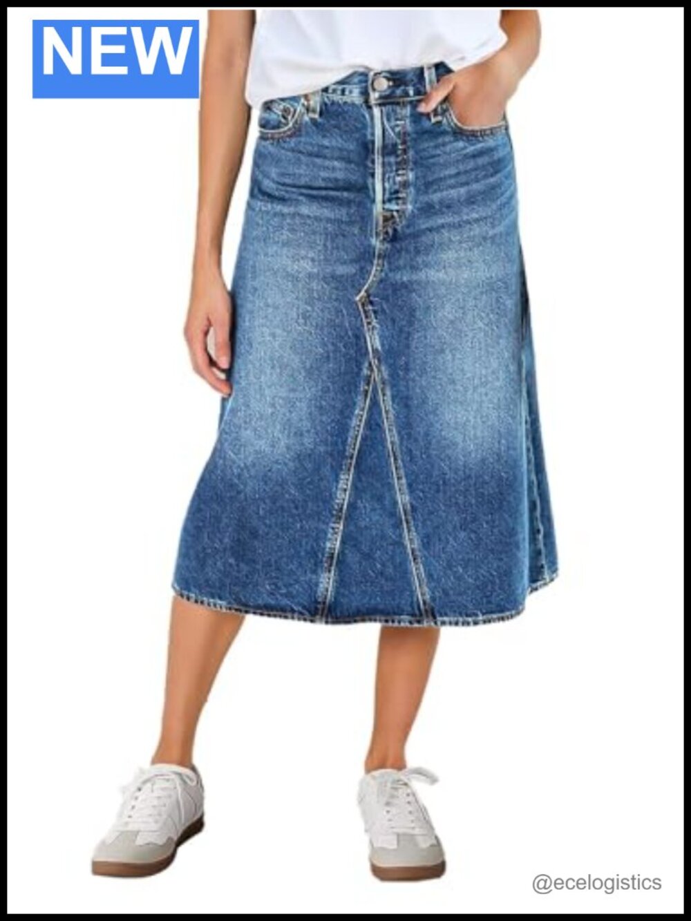 Flamingals Women's High Waist A-Line Denim Midi Skirt Button Front Casual
